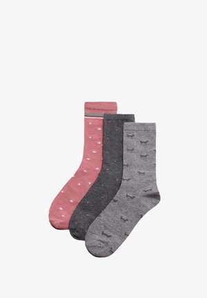 Tres pares de calcetines: uno rosa con puntos blancos, uno gris oscuro y uno gris claro con pequeñas siluetas de perros. Mezcla de algodón, longitud hasta la mitad de la pantorrilla.