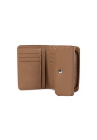 Portafoglio in pelle marrone con più slot per carte, chiusura a scatto e una texture liscia, che mostra un design compatto e rettangolare.