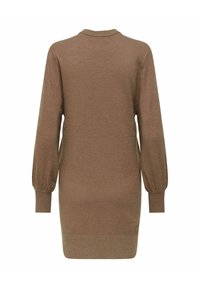 Robe pull en tricot marron avec encolure ras du cou, longues manches bouffantes et ourlet côtelé. Texture douce avec un design simple.