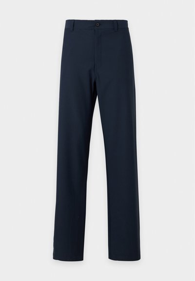 Pantalon bleu marine foncé à coupe droite avec fermeture par bouton et zip, passants de ceinture, design épuré et ajusté.