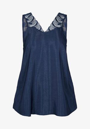 Blusa sin mangas azul marino con escote en V, que presenta paneles de encaje bordado transparente en los hombros y el escote.