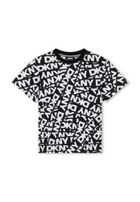 T-shirt noir à manches courtes avec un motif chaotique du logo blanc DKNY. Encolure ronde, texture douce et coupe décontractée.
