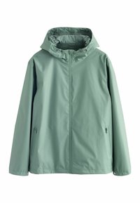 Jachetă impermeabilă de culoare verde deschis, cu glugă, fermoar frontal complet, buzunare laterale și un finisaj neted, texturat. Design casual pentru activități în aer liber.