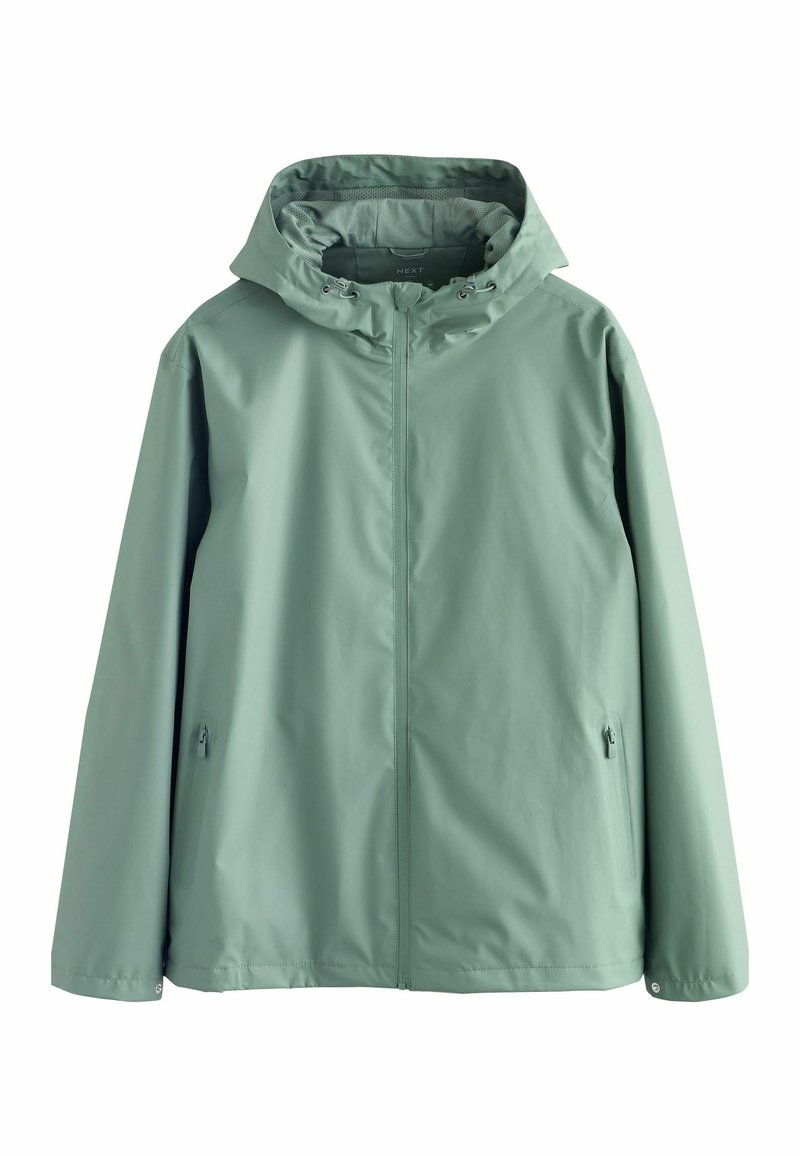 Jachetă impermeabilă de culoare verde deschis, cu glugă, fermoar frontal complet, buzunare laterale și un finisaj neted, texturat. Design casual pentru activități în aer liber.