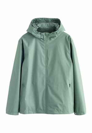Lys grøn vandafvisende jakke med hætte, fuld frontlynlås, sidelommer og en glat, struktureret overflade. Casual udendørs design.