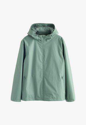 Light green waterproof jacket with a hood, front zipper, and adjustable drawstrings. Features side pockets and a smooth, matte texture.