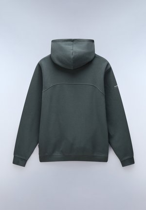 Hooded sweatshirt in dark green, made of soft fabric. Features a simple design with a stitched seam across the back and ribbed cuffs.