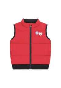 Red padded vest with a high collar, sleeveless design, front zipper, and black ribbed hem. Features bear and logo embroidery patches.