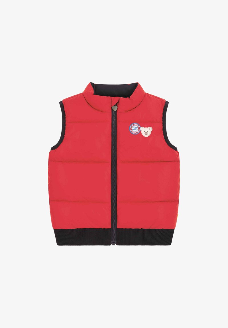 Red padded vest with a high collar, sleeveless design, front zipper, and black ribbed hem. Features bear and logo embroidery patches.