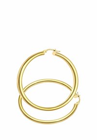 Uhani z zlatim tonom, oblikovani kot gladka, zaobljena oblika z vrhunskim sijajem. Uhani imajo velik obroček in varno zapiralo.