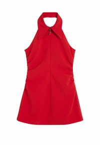 Red halter dress with a collar, featuring a front zipper and side ruching details, crafted from a smooth, fitted fabric.