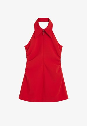 Crvena halter haljina s ovratnikom, sa prednjim zatvaračem i detaljima naboranja sa strane, izrađena od glatkog, prilagođenog materijala.