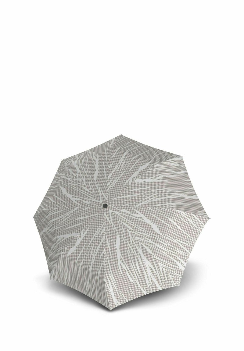 Parapluie gris avec un design à motif de feuilles, présentant un bouton central et un tissu léger. Forme hexagonale, texture lisse.