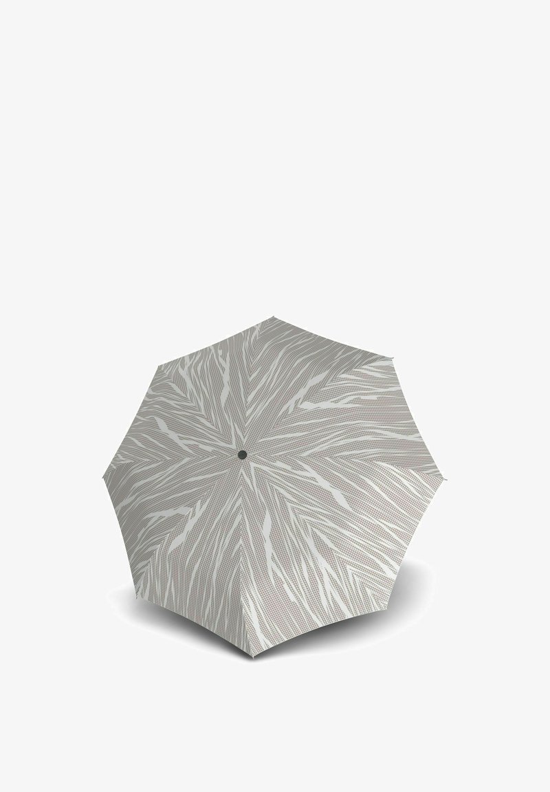 Parapluie gris avec un design à motif de feuilles, présentant un bouton central et un tissu léger. Forme hexagonale, texture lisse.