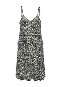 Robe noire et crème à motifs avec une coupe décontractée, des bretelles spaghetti et un design superposé comprenant une finition en dentelle au niveau du col.