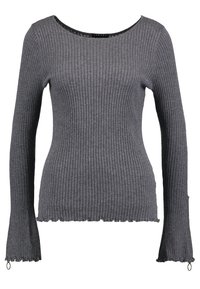 Mörkgrå ribbad stickad långärmad topp med bred halsringning och utsvängda ärmar, med en något croppad och scallopad nederkant.