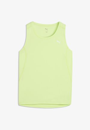 Lichtgele mouwloze atletische tanktop met een ronde hals, gestructureerde stof en een klein wit logo linksboven.