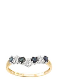 Zelta un sudraba gredzens ar trim zvaigžņu formas izstrādājumiem, kas rotāti ar tumši zilām akmeņiem un centrālo caurspīdīgo akmeni, ar pulētu apdari un gludu joslu.