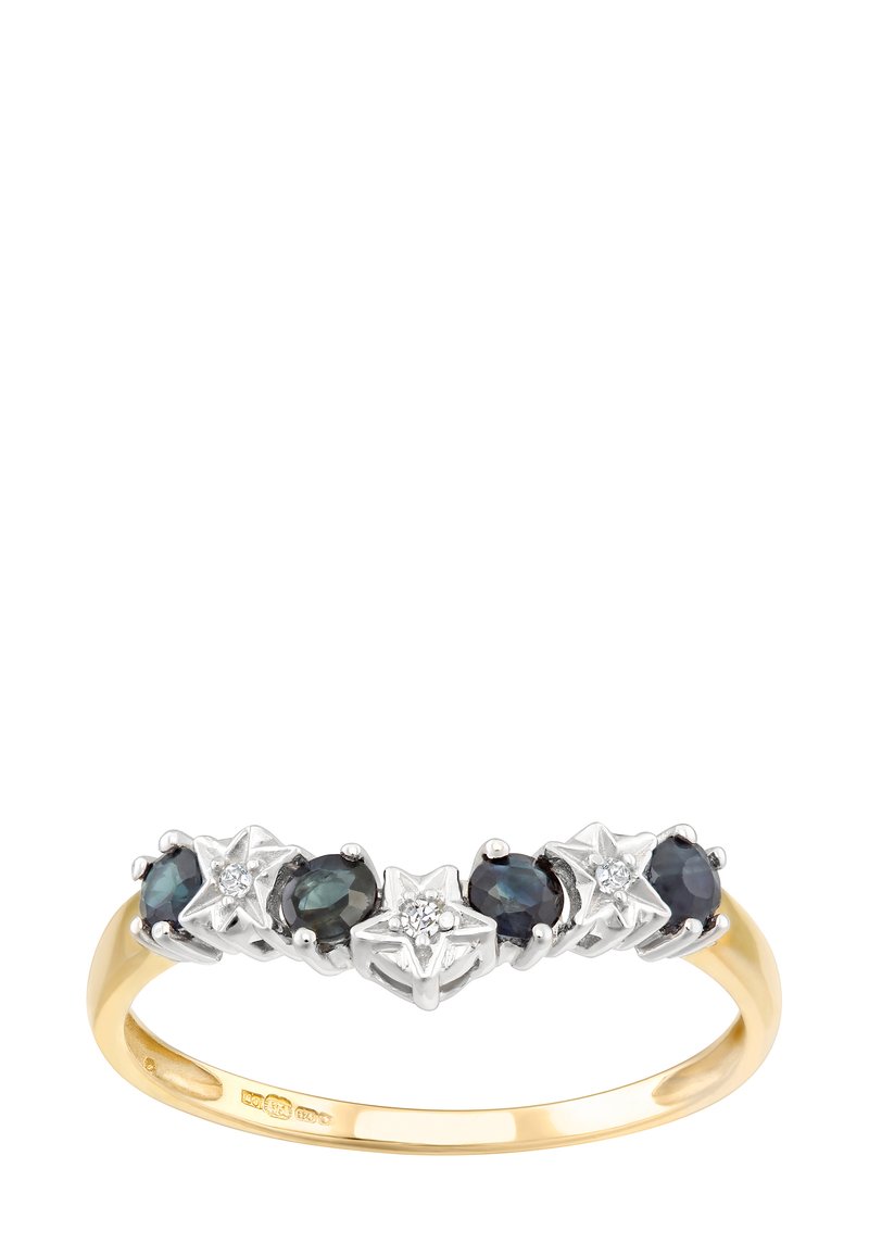 Zelta un sudraba gredzens ar trim zvaigžņu formas izstrādājumiem, kas rotāti ar tumši zilām akmeņiem un centrālo caurspīdīgo akmeni, ar pulētu apdari un gludu joslu.