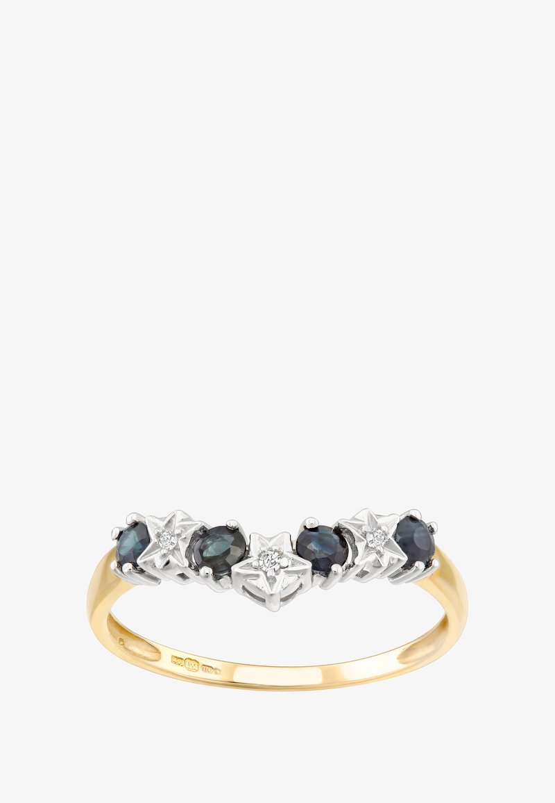 Guld- og sølvring med tre stjernede indstillinger med mørkeblå sten og en central klar sten, poleret finish, glat ring.