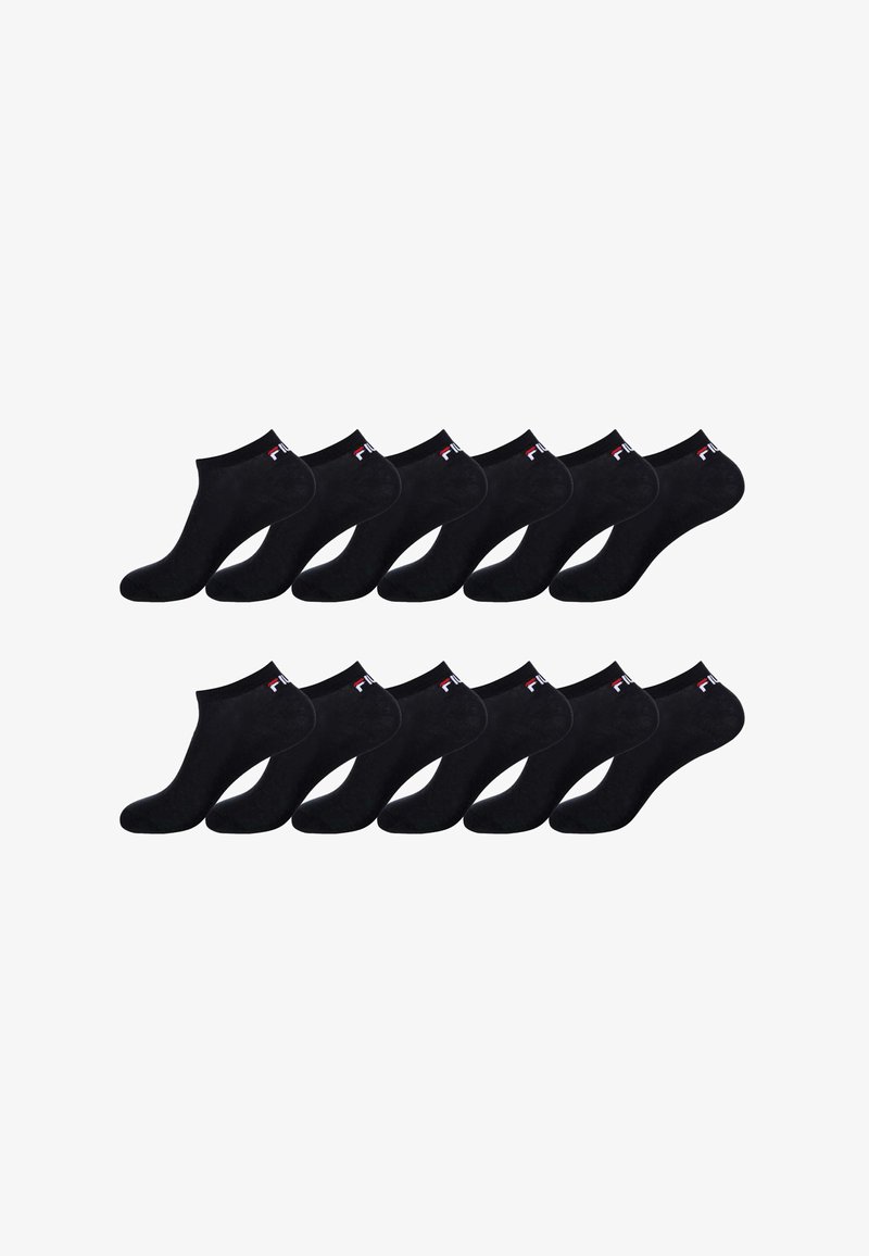 Douze paires de chaussettes de sport basses noires avec un petit logo rouge et blanc près de la cheville, disposées en deux rangées sur un fond blanc.