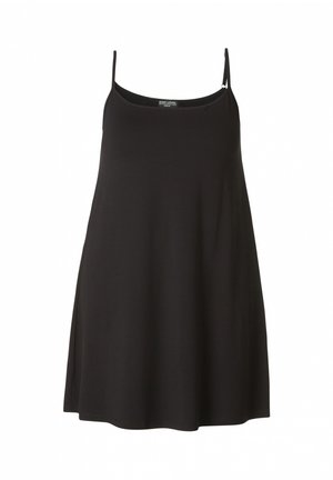 Zwarte mouwloze jurk met dunne schouderbandjes en een losse, vloeiende pasvorm boven de knie op een witte achtergrond.