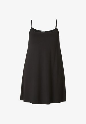 Zwarte mouwloze jurk met dunne schouderbandjes en een losse, vloeiende pasvorm boven de knie op een witte achtergrond.