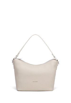 Borsa a tracolla beige in pelle liscia con manico corto, bordo superiore arrotondato e logo discreto impresso al centro davanti.