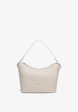 Beige smooth leather shoulder bag with short handle, rounded top edge, and subtle logo embossed on front center.
