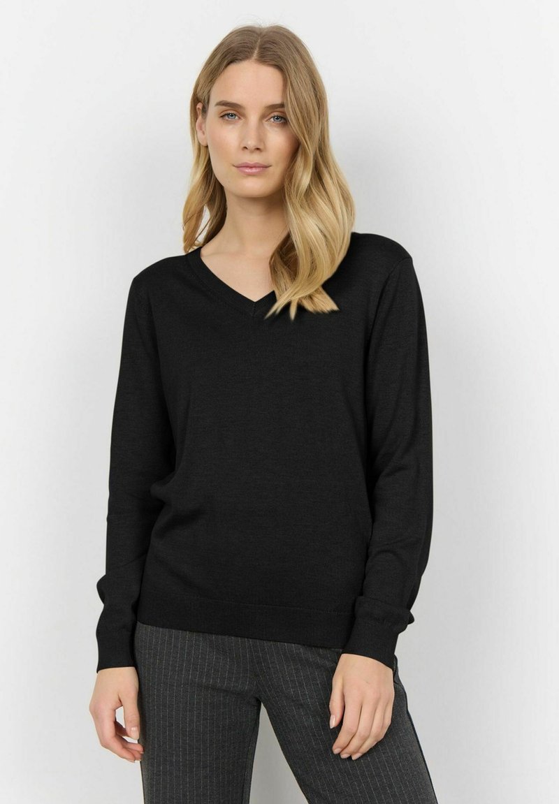 Maglione nero a V con maniche lunghe, realizzato in tessuto morbido. Presenta una vestibilità comoda e bordi a costine sui polsini e sull'orlo.