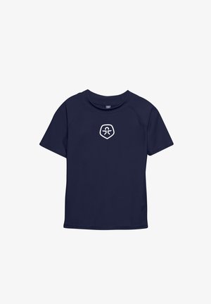 Navy blue short-sleeve T-shirt with a crew neck, featuring a white logo on the chest. Made of a smooth, stretchy fabric.