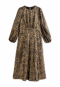Leopard print long-sleeve dress in gold and black, featuring a round neckline and gathered waist, with a flowing skirt and textured fabric.