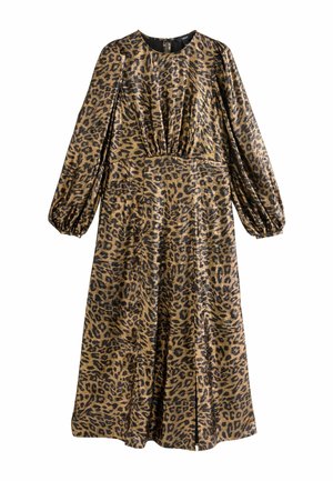 Leopardenmuster Langarmkleid in Gold und Schwarz, mit Rundhalsausschnitt und geraffter Taille, einem fließenden Rock und strukturiertem Stoff.