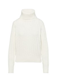 Weißer Strickpullover mit hohem Rollkragen, langen Ärmeln und geripptem Saum. Hat ein strukturiertes Muster über die gesamte Fläche. Bequemes Material.