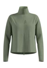Pullover con zip di colore verde chiaro. Tessuto a trama, colletto alto e maniche lunghe. Dotato di zip frontale e orlo regolabile per una vestibilità migliore.