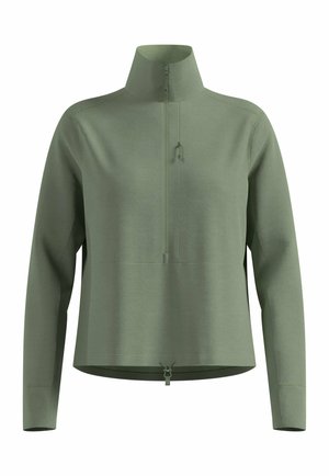 Reißverschluss-Pullover in Hellgrün. Strukturiertes Material, hoher Kragen und lange Ärmel. Mit einem Frontreißverschluss und verstellbarem Saum für eine optimale Passform.