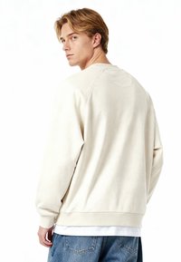 Lichtbeige sweatshirt gemaakt van zachte stof, met een ronde hals, raglanmouwen en een geribbelde tailleband. Geen zichtbare patronen of accessoires.