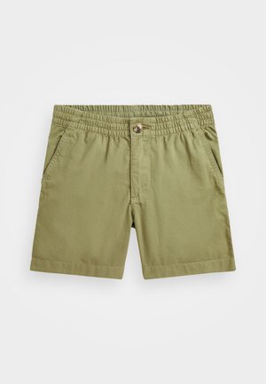 Olivengrønne shorts med elastisk talje, forlommer og en enkelt knaplukning. Glat tekstur, skræddersyet form og lige kant.
