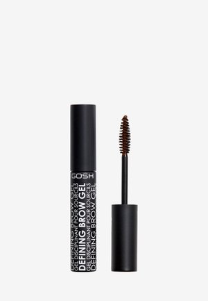 Black mascara tube with white text reading “DEFINING BROW GEL.” Includes a small, spiraled applicator brush next to the tube.