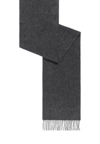 Dunkelgrauer Wollschal mit fransigen Enden, gefaltet in einer einfachen Anordnung auf einem weißen Hintergrund.