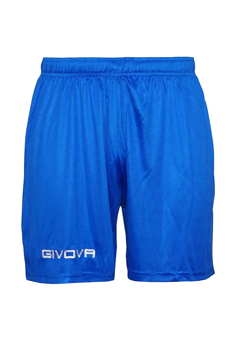 Modre športne kratke hlače iz lahkega materiala, z elastičnim pasom in vezenim logotipom "GIVOVA" na levi strani.