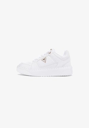 White sneaker with textured leather upper, padded collar, and gold-tone accents. Features a round toe, perforations, and a rubber sole.