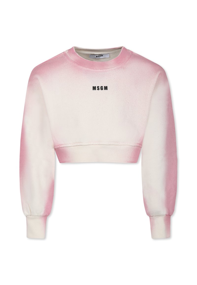 Felpa accorciata rosa chiaro realizzata in materiale morbido, con un design a gradiente, polsini a coste e logo "MSGM" nero sul davanti.