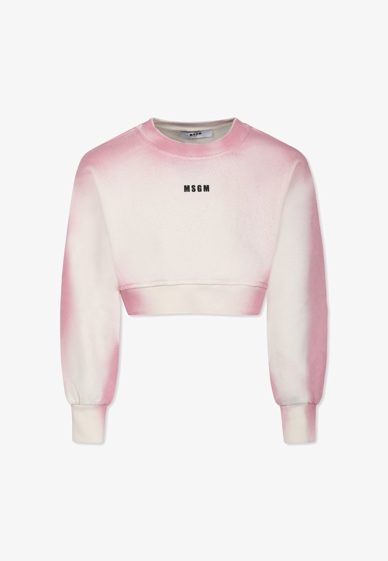 Lichtroze cropped sweatshirt van zacht materiaal, met een verloopontwerp, geribbelde manchetten en een zwart "MSGM" logo op de voorkant.