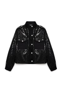 Jachetă neagră scurtă, cu un exterior din paiete și materiale mate contrastante pe umeri și buzunare. Designul include capse și două buzunare cu clapă.