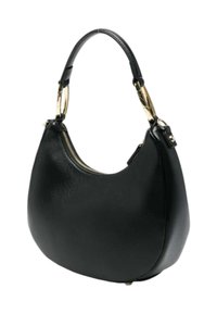 Borsa a tracolla in pelle nera dalla forma arrotondata, con dettagli in metallo dorato e chiusura con cerniera. Texture liscia con un design elegante.