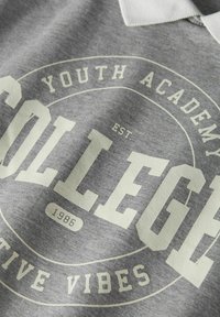 Sivi dukserica s okruglim grafičkim otiskom. Tekst uključuje "YOUTH ACADEMY," "COLLEGE," i "1986" u suprotnim svijetlim bojama. Mekana tekstura.