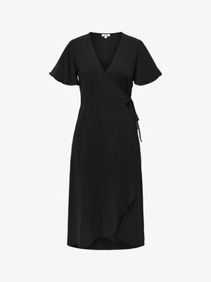 Rochie neagră scurtă cu mâneci scurte, cu decolteu în V, închidere laterală cu panglică și mâneci ușor evazate, tiv până la genunchi cu suprapunere asimetrică.