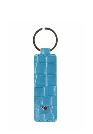 Blue crocodile-pattern leather keychain with silver bull head emblem and round metal keyring on white background.