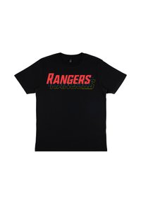Czarny bawełniany t-shirt z napisem "Rangers" w odważnym czerwonym kolorze, nałożonym na zielony i żółty cień. Krótkie rękawy i okrągły dekolt.